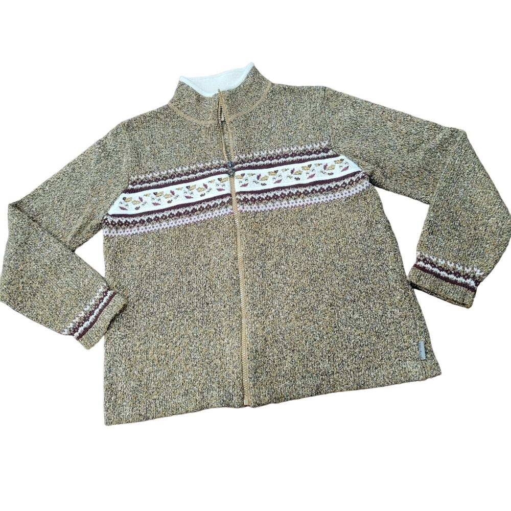 Vintage Woolrich Zip Front Embroidered Fall Motif Sweater Fleece Neckline Medium
